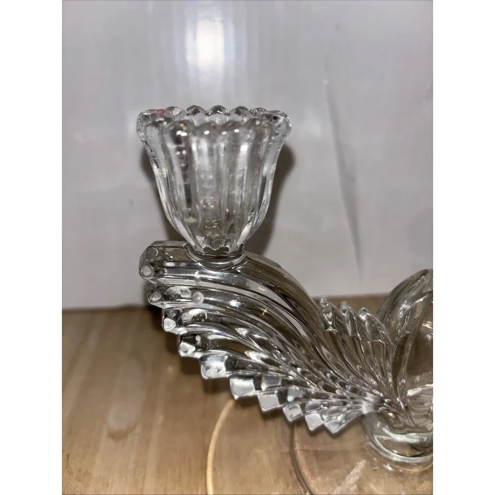 Set Of Two Art Deco Pressed Glass Winged Double Candle Holders Clear Angel Bird